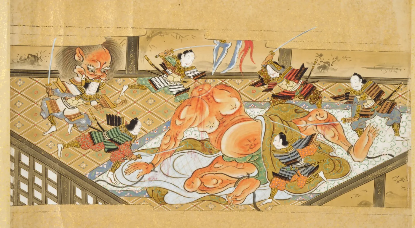 大江山酒天童子絵巻物 鬼退治の場面（落ちた首が頼光の兜に喰いつく）